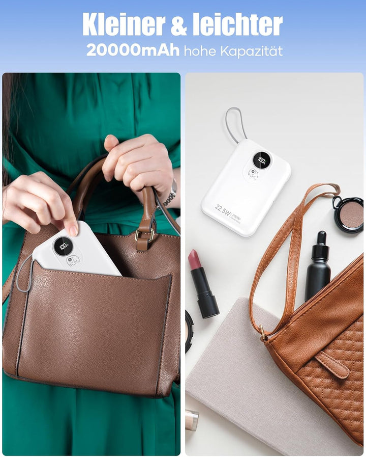 20000mAh Power Bank mit integriertem Kabel: 22.5W Schnell Aufladende Externe Batterie für Handy, USB