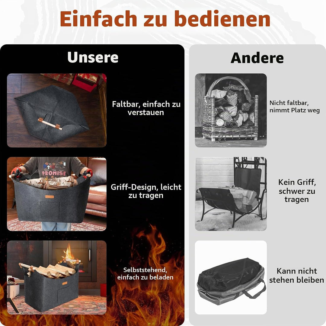 Faltbarer Holzkorb Filztasche 50 x 32 x 40 cm 70L, Korb Aus Brennholz Mit Griff, Extra Dicker Filzko