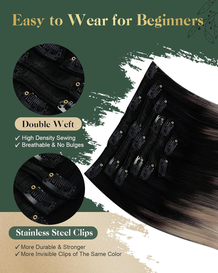 Ugeat Echthaar Clip in Extensions 120Gramm Bayalage Schwarz mit Aschblond bis Platinblond 1B/18/60 C