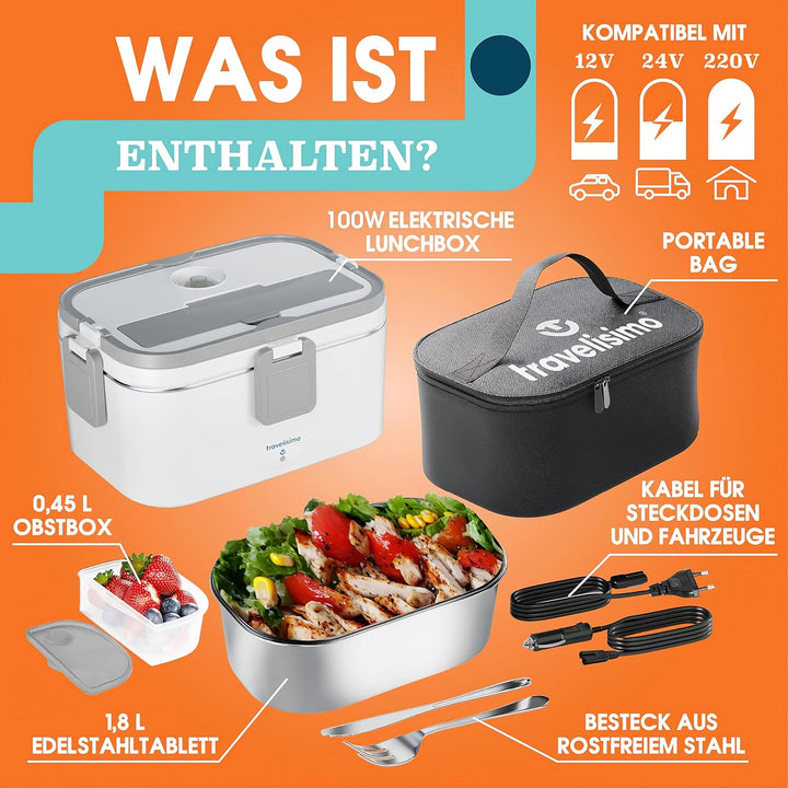 TRAVELISIMO XXL Elektrische Lunchbox Extra gross 1,8L Electric Lunch Box 80W, Warmhaltebox 3-in-1 Lu