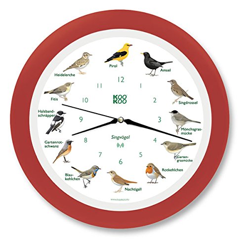KOOKOO Singvögel Erdbeer-rot, Die Singende Vogeluhr, mit 12 heimischen Singvögeln und echten, natürl
