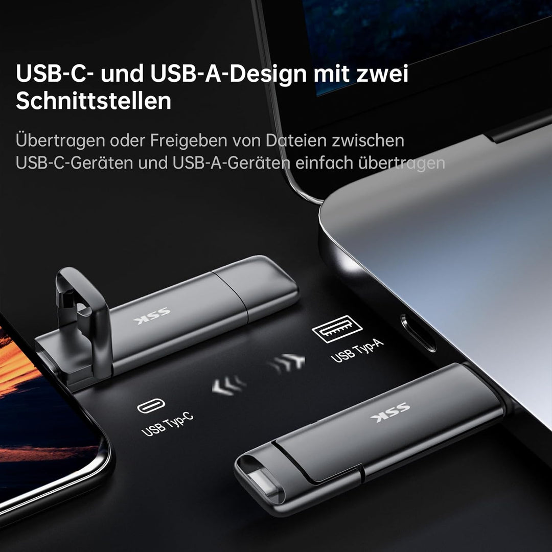 SSK USB C Externe SSD 256GB, mit bis zu 550 MB/s Extreme schneller USB-Stick, Dual-USB Typ C + A USB