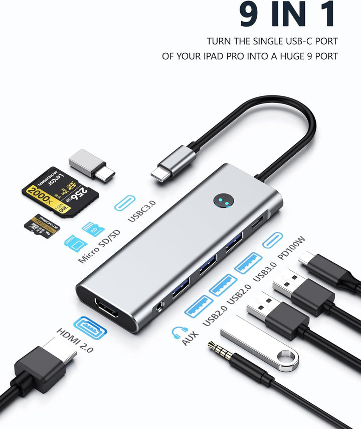 USB C HUB for iPad Pro Adapter 4K 60Hz HDMI, 100W PD, SD/TF Card Reader, 3 USB A Port, 3.5mm Audio J