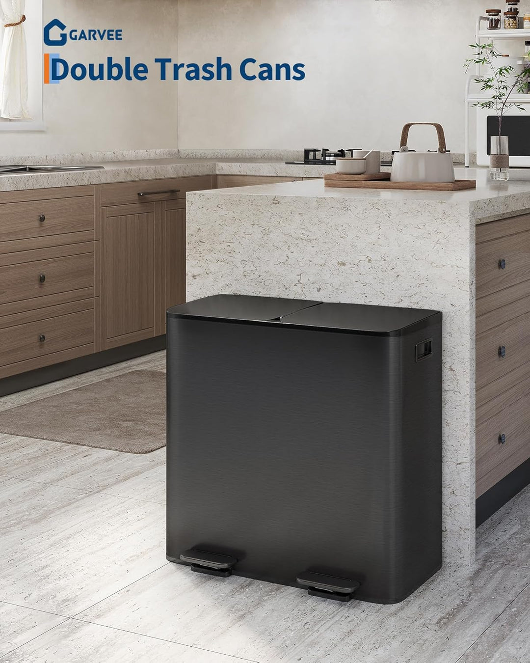 GarveeHome Mülleimer Küche, 2 x 40 L, Mülltrennsystem 2 Fächer, Metall-Tretmülleimer mit Seitlichem