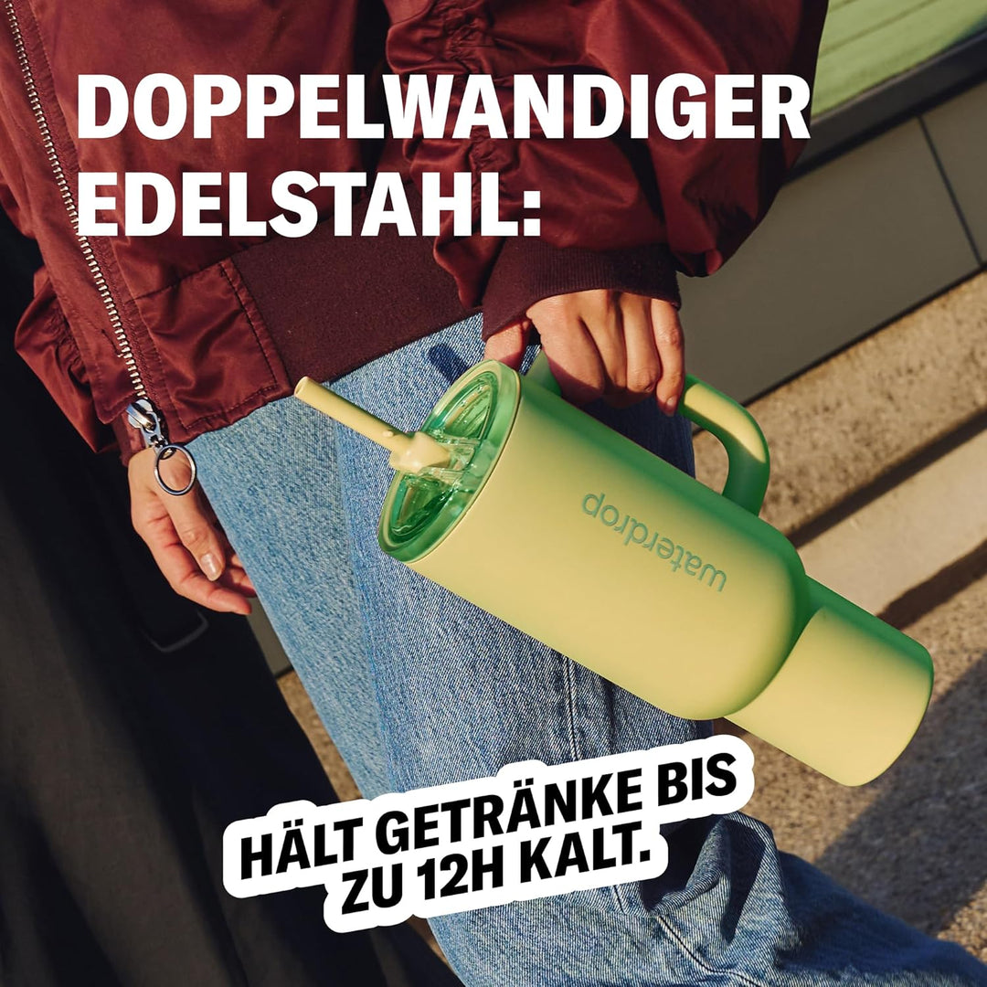 waterdrop® Thermobecher mit Strohhalm 1,1L – Auslaufsichere, robuste Trinkflasche mit aufklappbarem