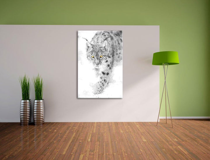 wachsamer Luchs im Schnee schwarz/weiss Deluxe Format: 100x70 cm auf Leinwand, XXL riesige Bilder fe