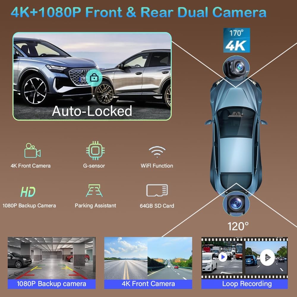 10.26" Wireless Carplay Screen 360 Rotation 4K Dash Cam Carplay/Android Auto Auto Stereo Auto Audio