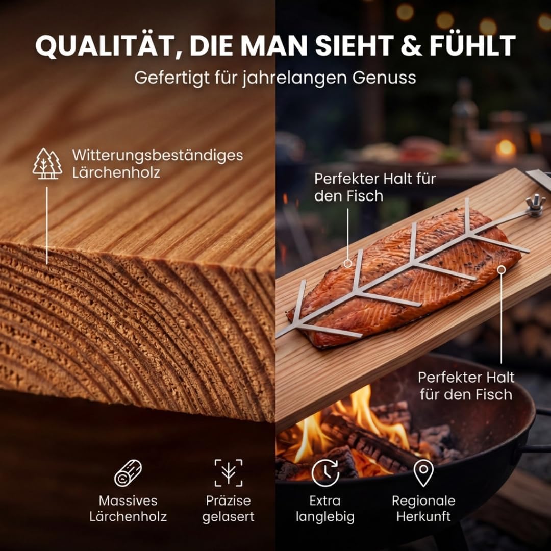 Flammlachsbrett 4er Set, Räucherbrett, Flammlachs Brett aus dt. Lärche. Geeignet für Feuerschalen,Ou