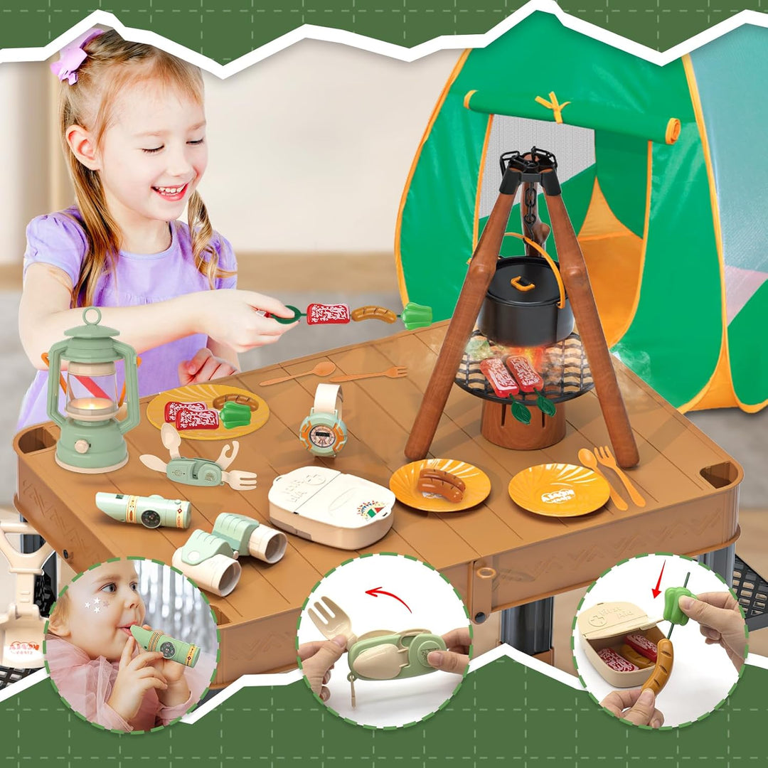 Fisca 62PCS Kinder Spielzelt - Campingzelt mit Ausrüstung & Werkzeug, Abenteuer Camping Set für Klei