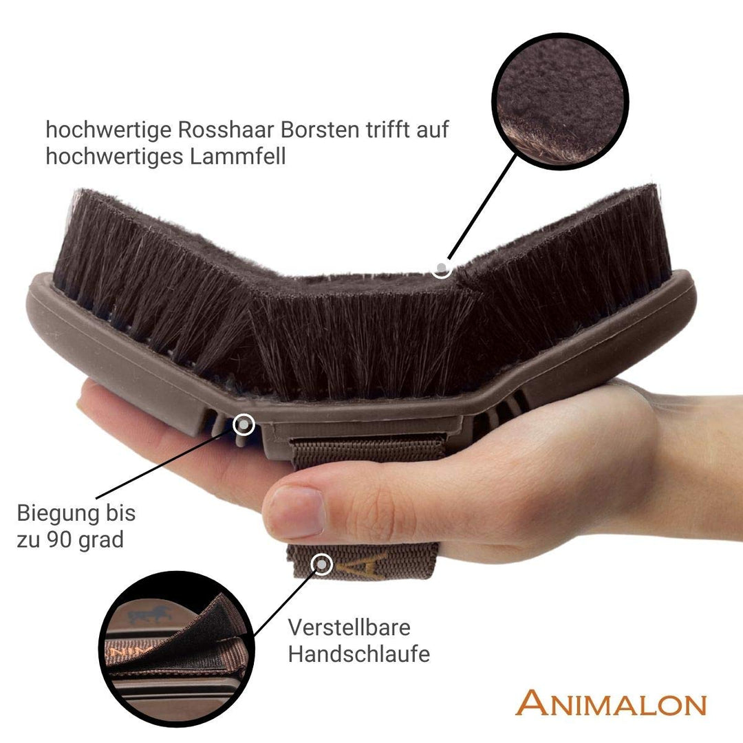 Animalon CareFlex Lammfell-Kardätsche | Flexible & Ergonomische Pferdebürste aus Lammfell und Rossha