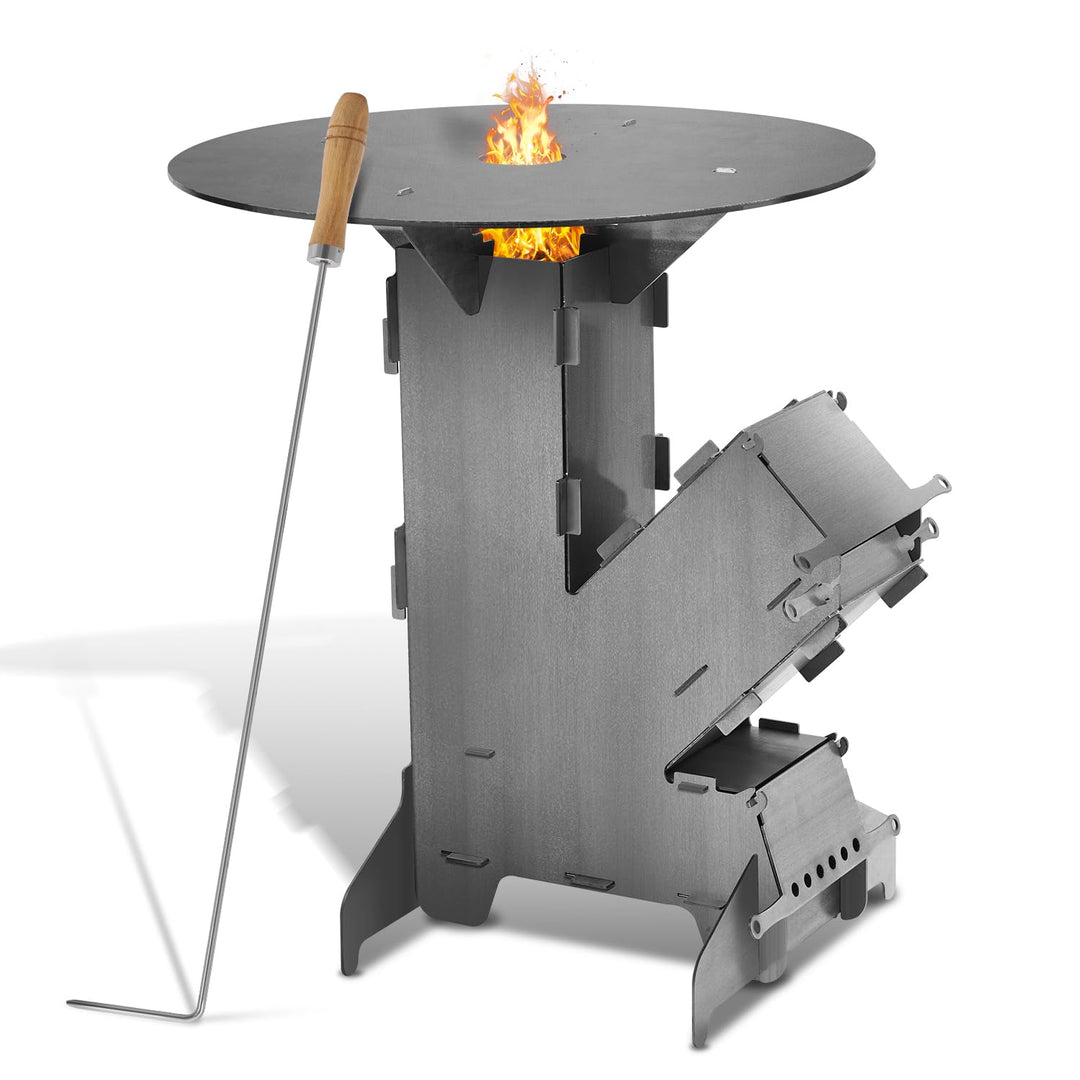 Fiqops Raketenofen Rocket Stove mit Grillplatte –Tragbarer Camping Holzofen mit Feuerhaken & Aschefa