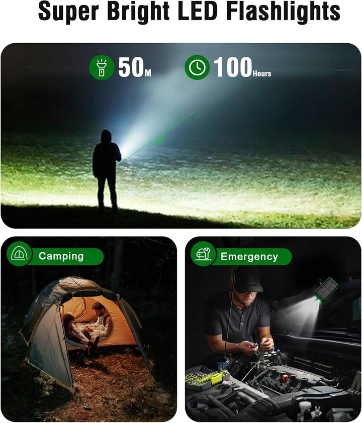 Solar Powerbank 26800mAh mit integrierten 4 Kabeln, Wireless Power Bank USB-C Ausgang/Eingang 15W Sc
