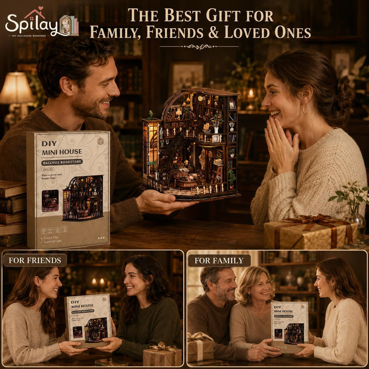 Spilay Miniatur Haus, Bacchus Bookstore 3D Holzpuzzle mit LED | DIY Miniature House Kit für Erwachse