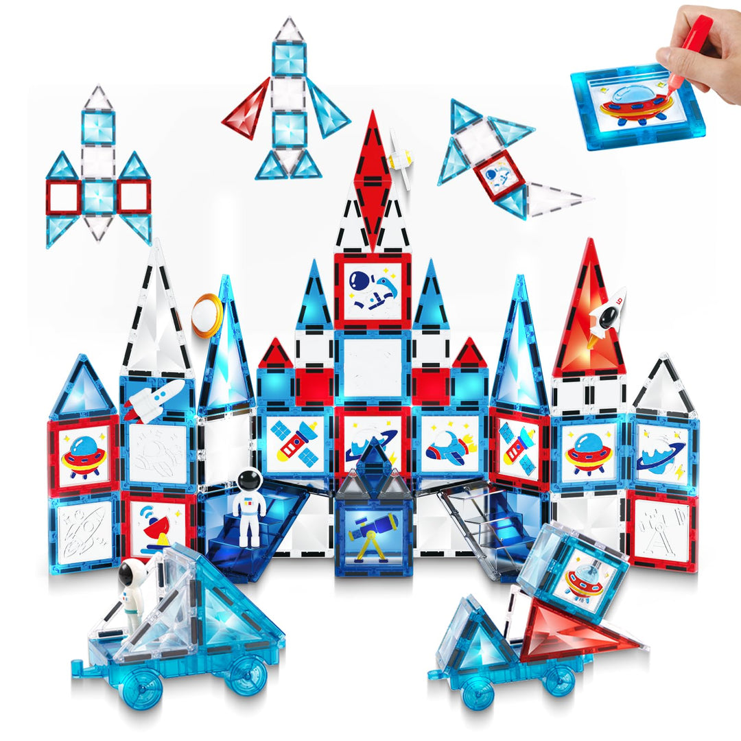 Magnetische Fliesen Space-Thema, 3D Magnetbausteine Weltraum-Serie mit DIY Mal-Set, STEM Lernspielze
