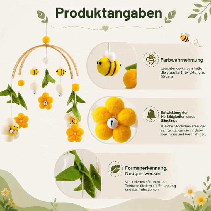 Mobile Kinderbett,Mobile für Wickeltisch,Wickeltisch Mobile mit Filzbällen, Bienen und Blumen,Kinder