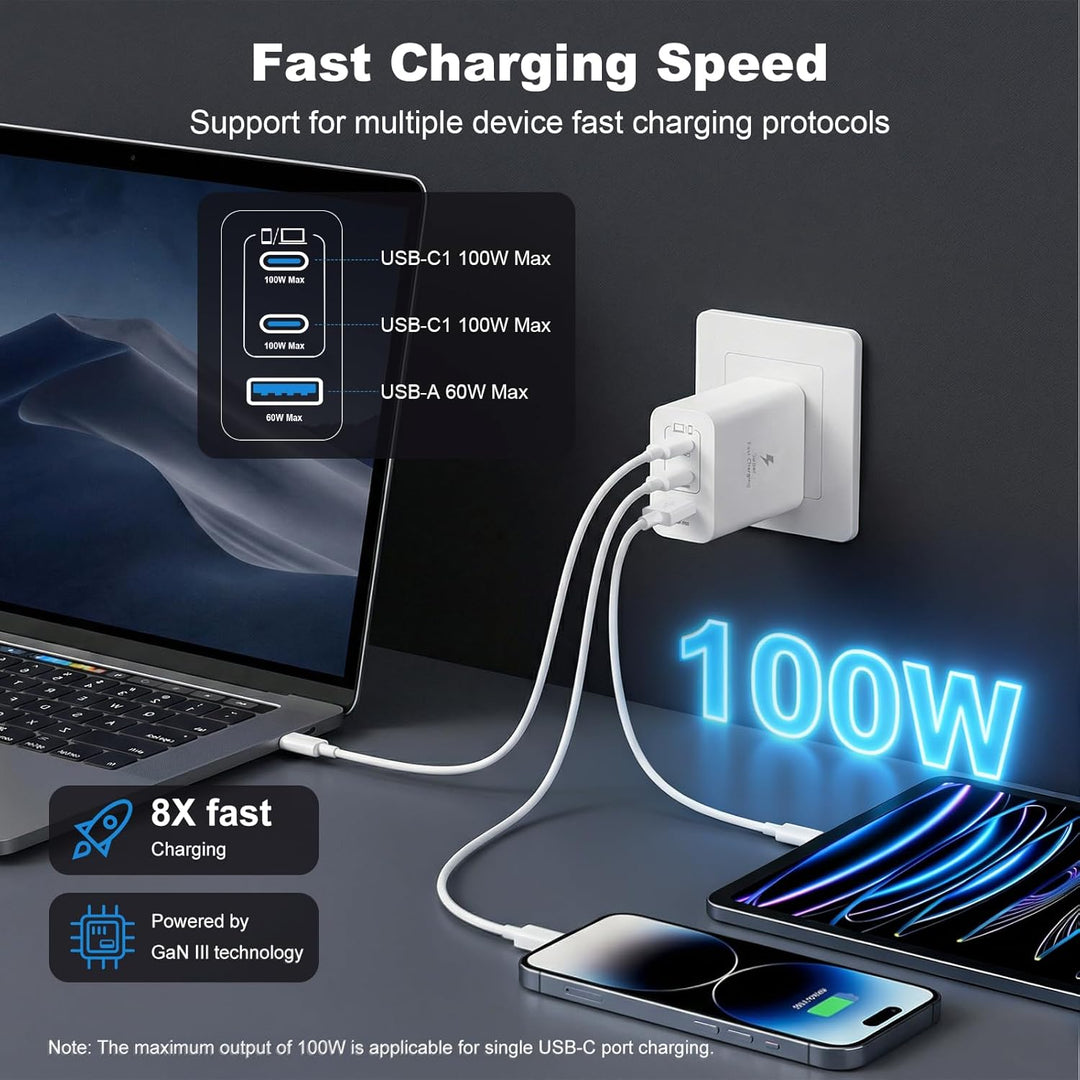 100W USB C Ladegerät, 3-Port GaN Schnellladegerät mit USB C & Lightning Kabel Mehrfach Ladegerät Kom