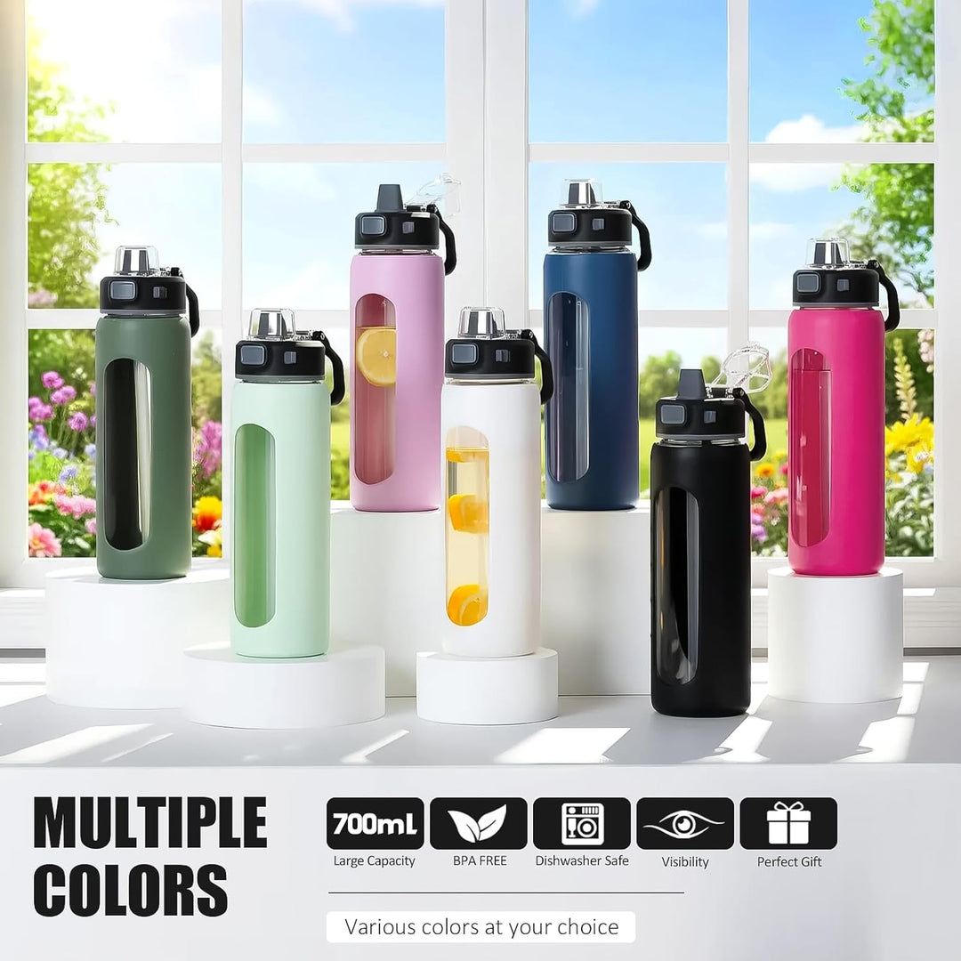 BLUEGO 600ml Glas Wasserflasche mit 2 Deckeln- One-Touch Verschlussdeckel und Griffdeckel Wiederverw