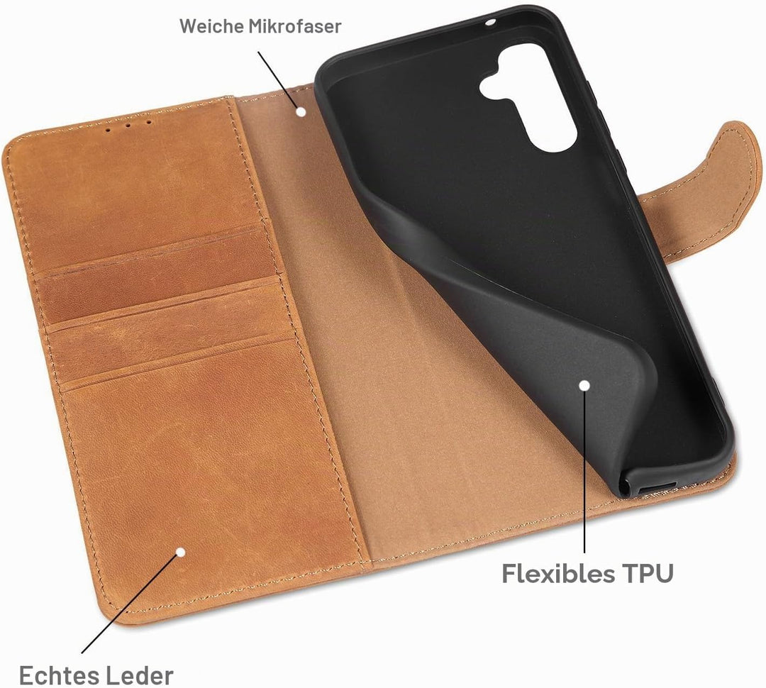 LENSUN Echtleder Hülle für Samsung Galaxy A55, Handyhülle [Echtes Leder][Kartenfach][RFID Schutz] Ha