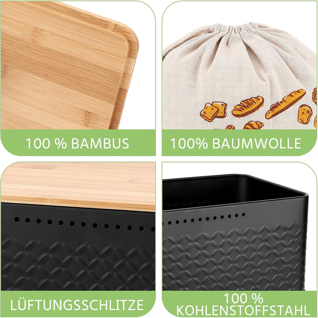Royouzi Brotkasten mit Schneidebrett, 33x21x15cm, Dank Carbonbeschichtung Matte Brotbox mit Holzdeck