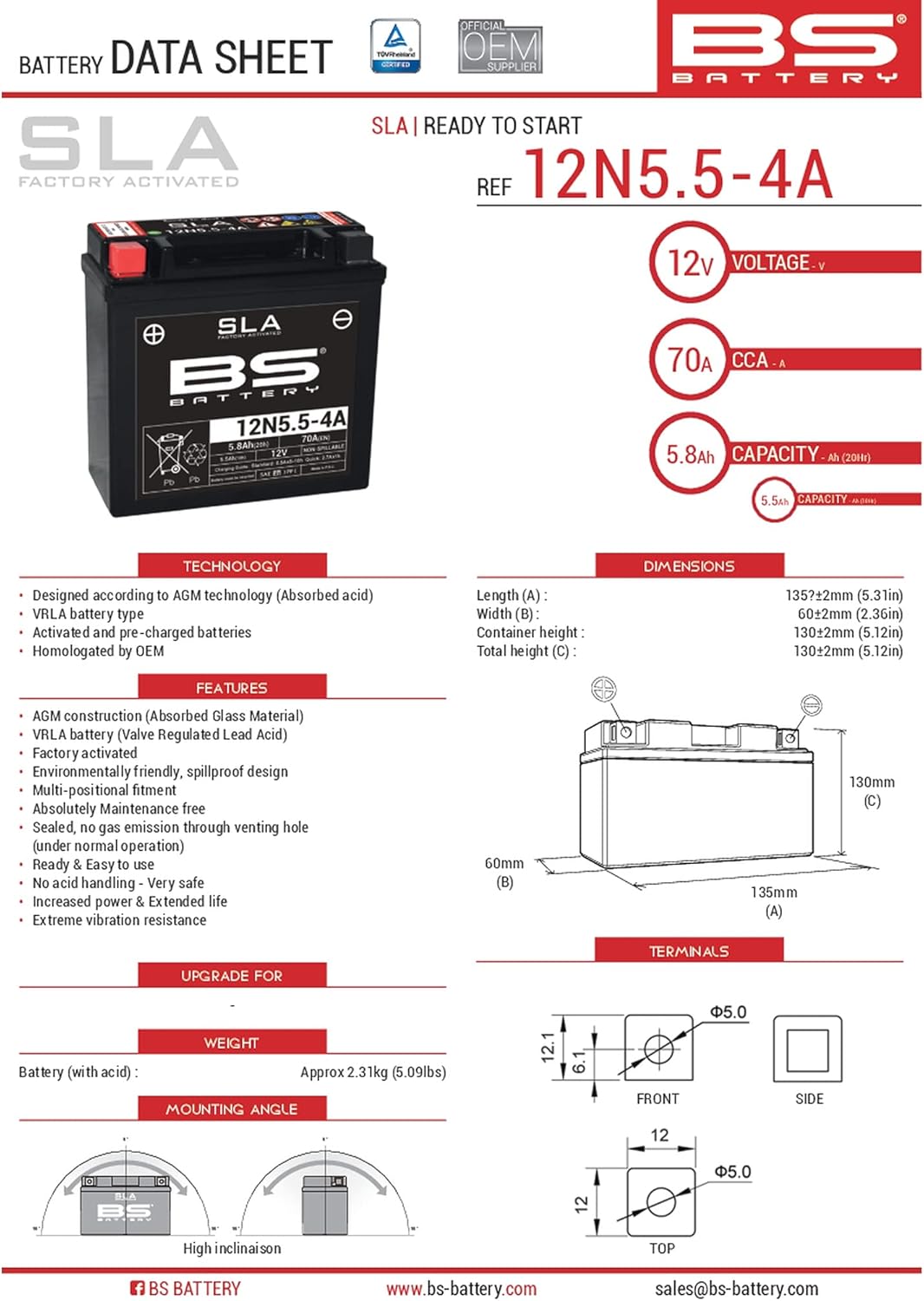 BS Battery 300841 12N5.5-4A AGM SLA Motorrad Batterie, Schwarz