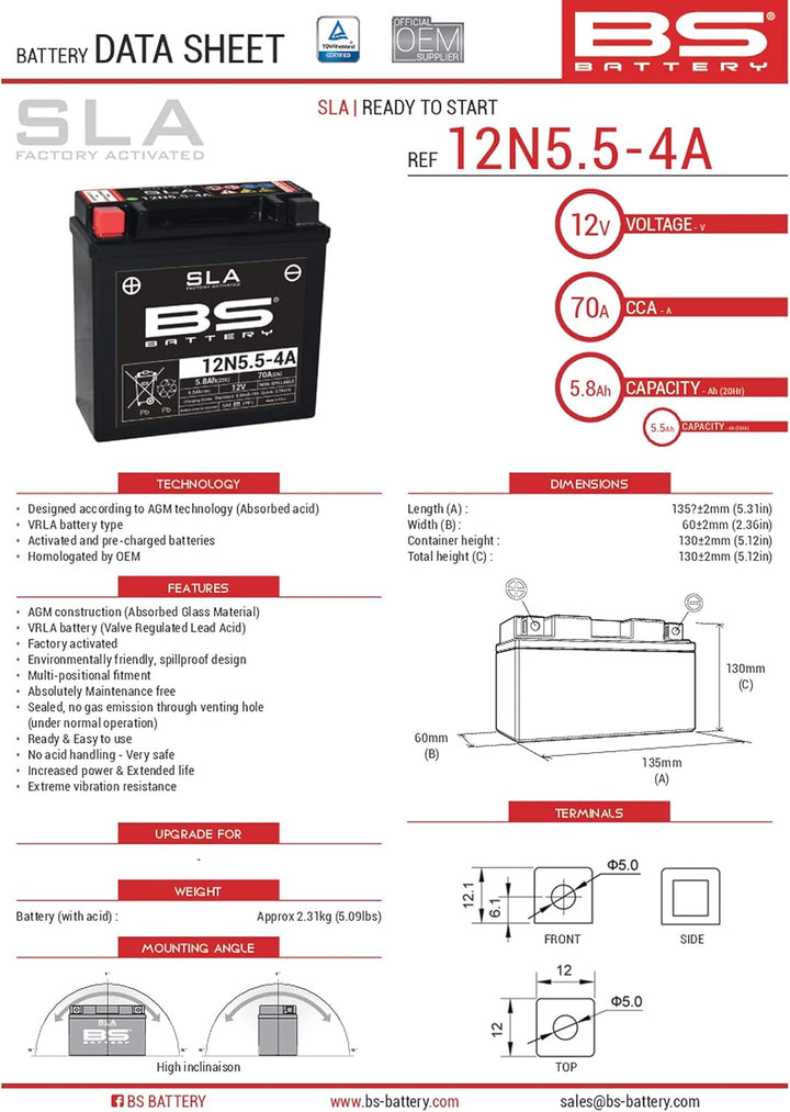 BS Battery 300841 12N5.5-4A AGM SLA Motorrad Batterie, Schwarz