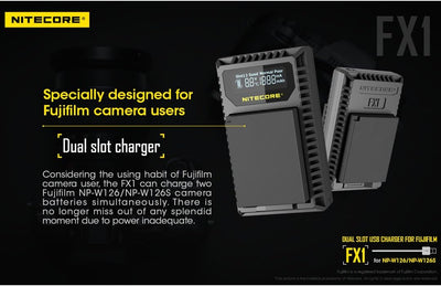 Nitecore FX1 Compacte Dubbel Lader voor Fujifilm NP FW126 (S) + USB, Schwarz Fuji W126/s, Fuji W126/