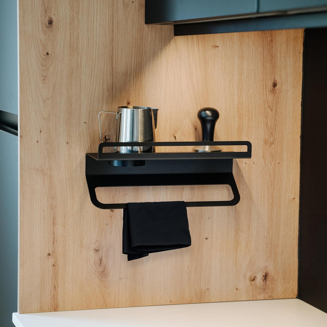 FLATE® Towel Rack: Barista Wandregal für Tücher, Milchkännchen und Kaffeezubehör (Schwarz), Schwarz