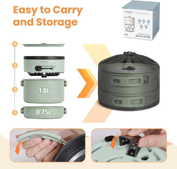 ENFRIFAM Elektrischer Hot Pot mit Faltbare Handhaben, Tragbar Multikocher mit Hotpot und Bratpfanne