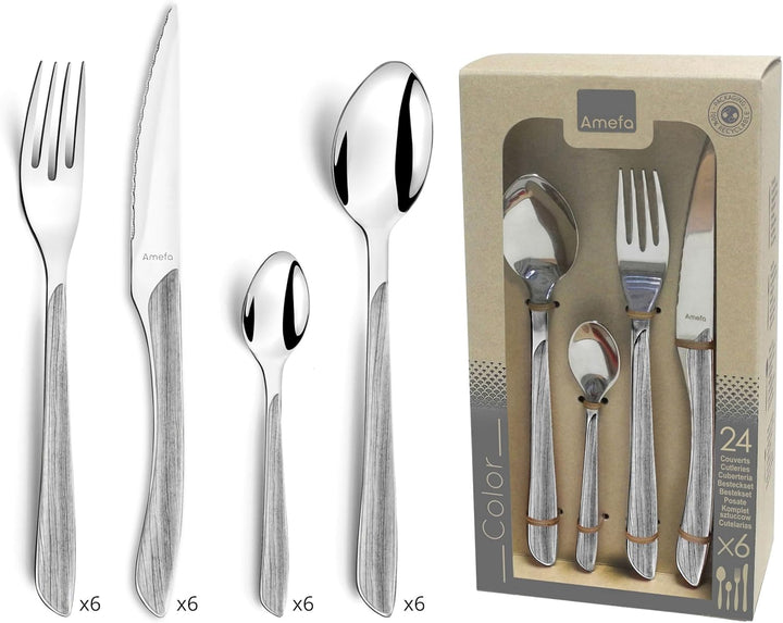 Amefa ECLAT Besteck Set | NATURE Grau Holz | Essbesteck 24-teilig für 6 Personen | Edelstahl rostfre