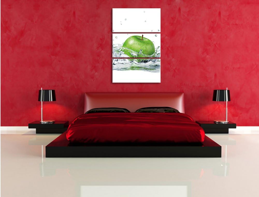 Pixxprint Grüner Apfel fällt ins Wasser als Leinwandbild/Grösse: 3 Teilig (120x80) cm/Wandbild/Kunst