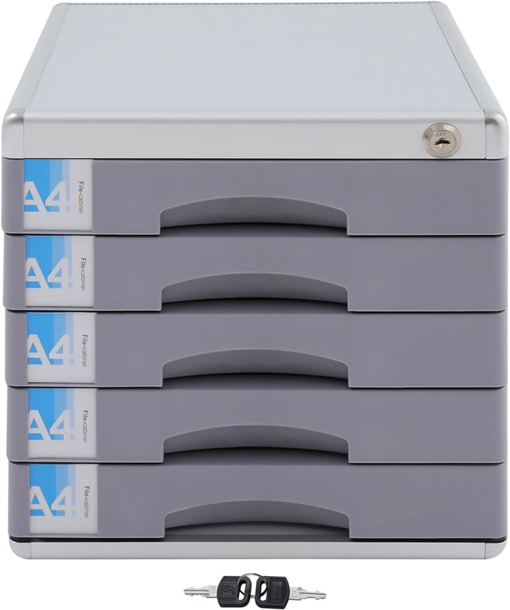 Schubladenbox A4 mit 5 Schubladen für DIN A4+ Dokumente, Organizer Büro, inkl. Auszugsperre + Beschr