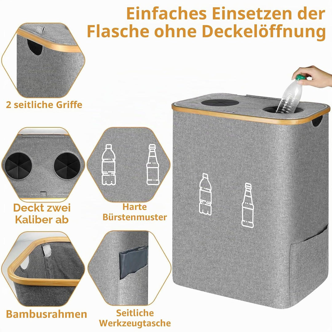 Pfandflaschen Sammelbehälter 2 Fächer, 160L Pfandflaschen Behälter mit 4 Tragetaschen, Grosse Aufbew