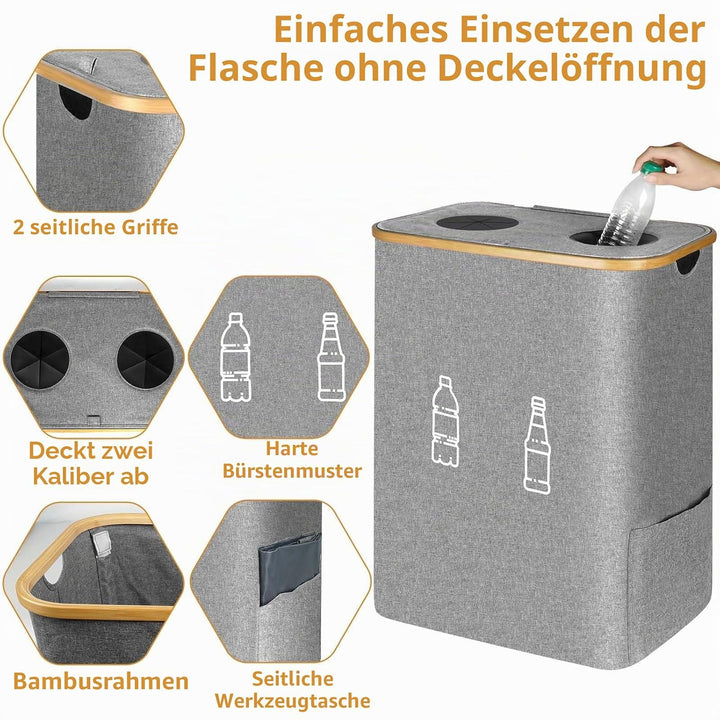 Pfandflaschen Sammelbehälter 2 Fächer, 160L Pfandflaschen Behälter mit 4 Tragetaschen, Grosse Aufbew