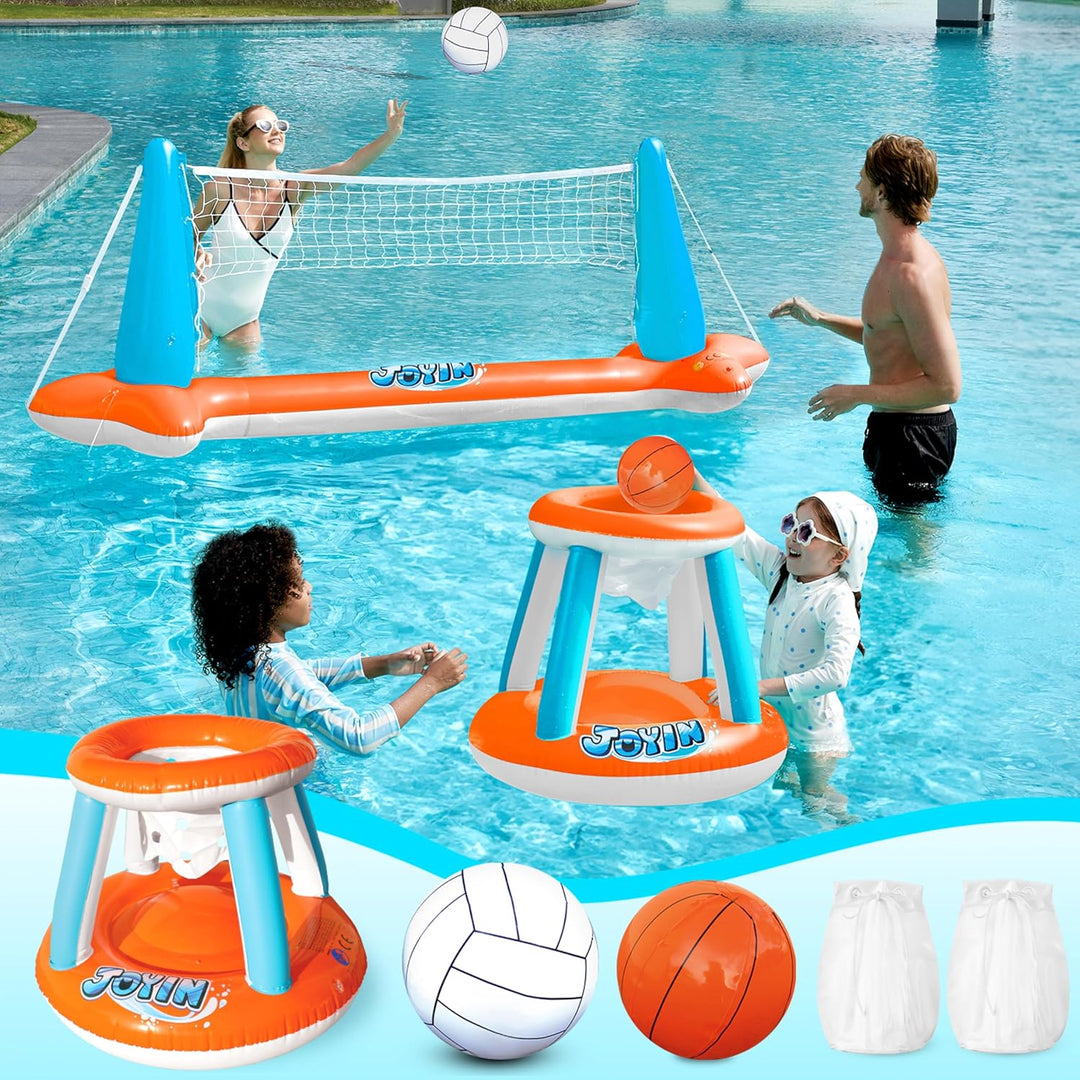 JOYIN Aufblasbare Pool Float Set, Volleyballnetz & Basketballkörbe & Bälle für Kinder und Erwachsene