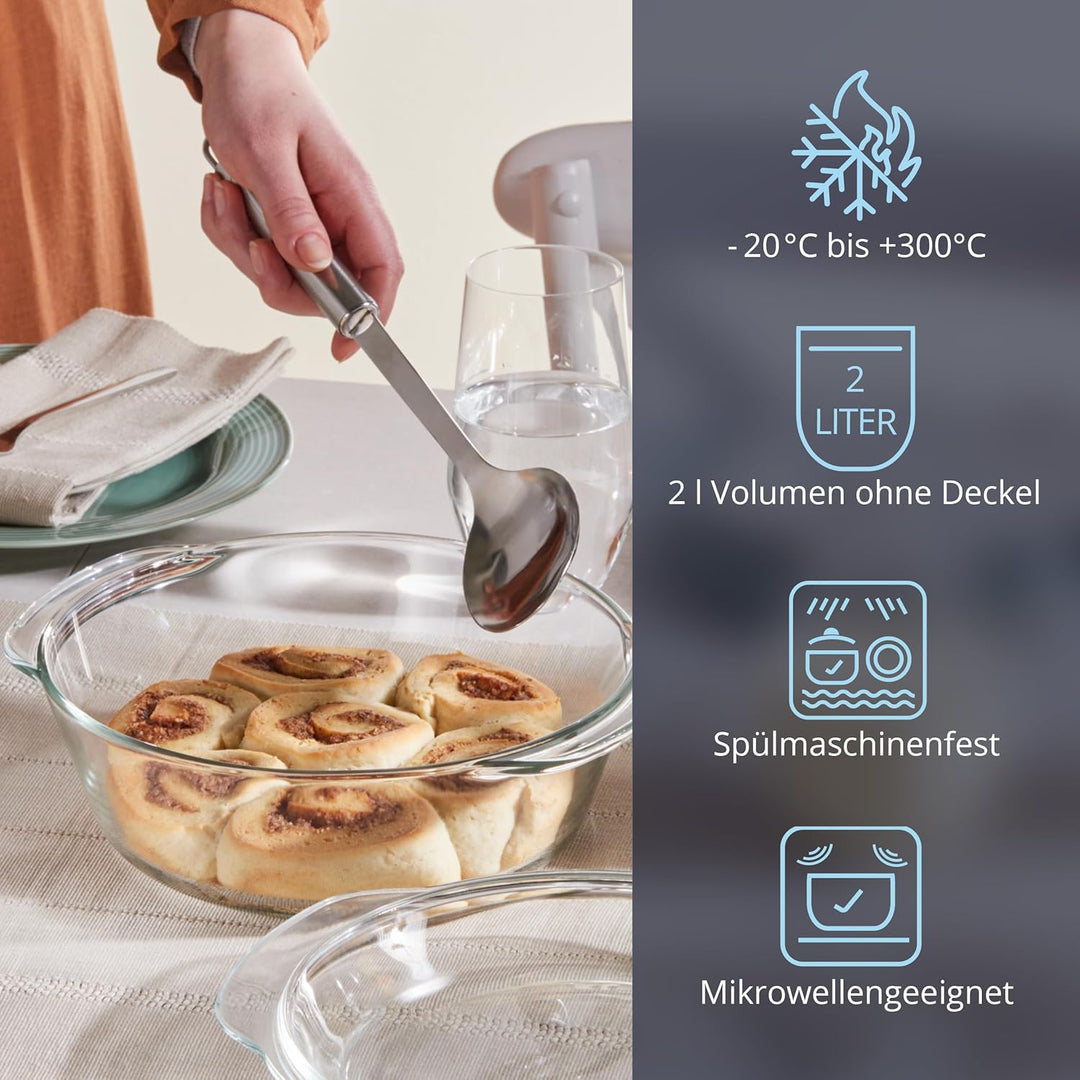 KHG Auflaufformen aus Glas mit Deckel 4er Set 2 Liter Rund für kalte &amp; warme Speisen, spülmaschinenf
