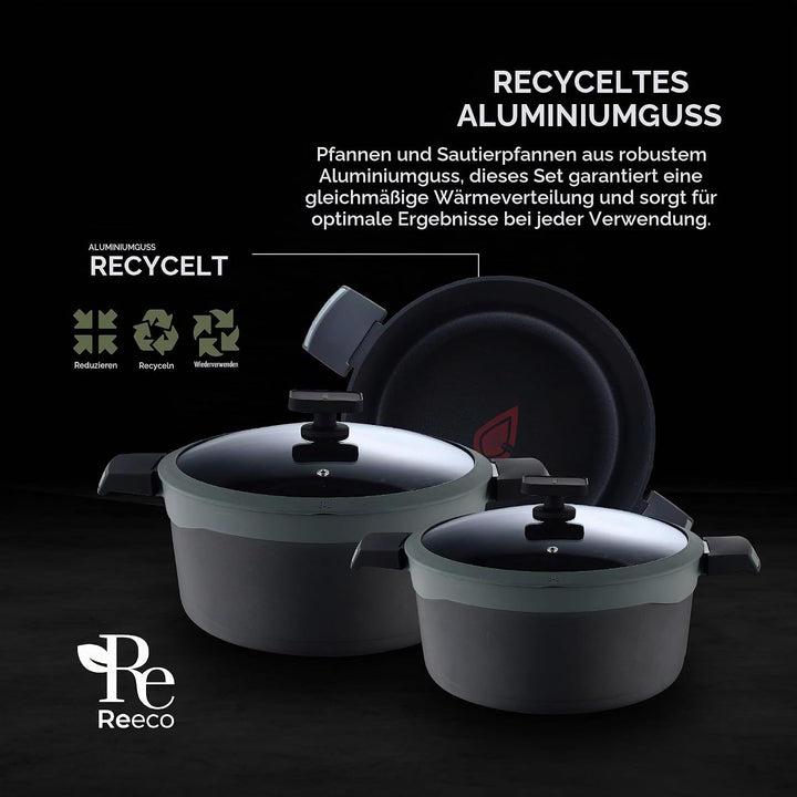 MasterPRO Gastro Reeco - Kochgeschirr-Set aus Aluminiumguss - 3 Pfannen 28, 24 und 20cm - 1 Schöpflö