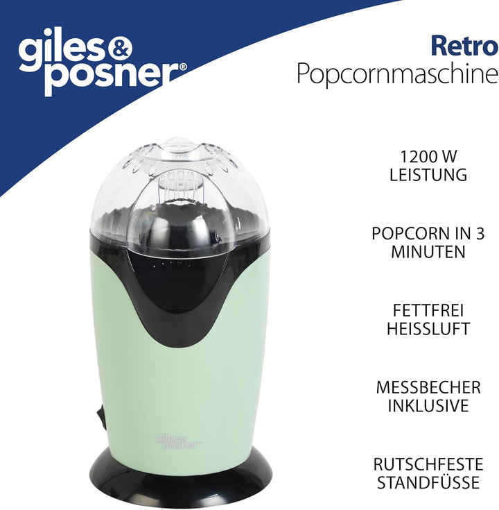 Giles & Posner Elektrische Popcornmaschine - Heissluftzirkulation, 3-Minuten-Schnellpoppung, Gesunde
