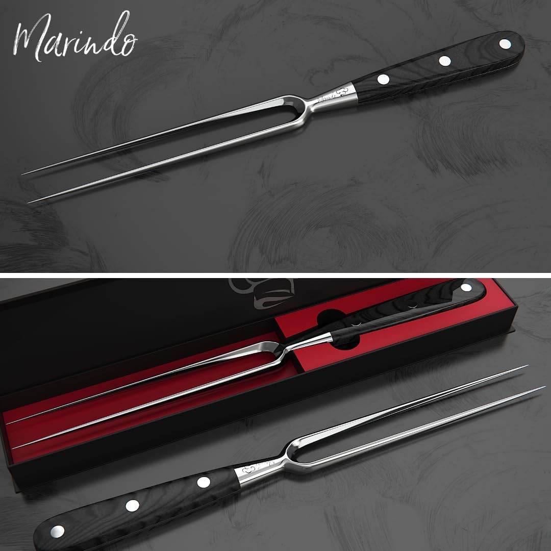 Marindo Profi Fleischgabel Edelstahl 31,5cm | Fleischgabel mit Holzgriff & 17cm Klingenlänge | Grill