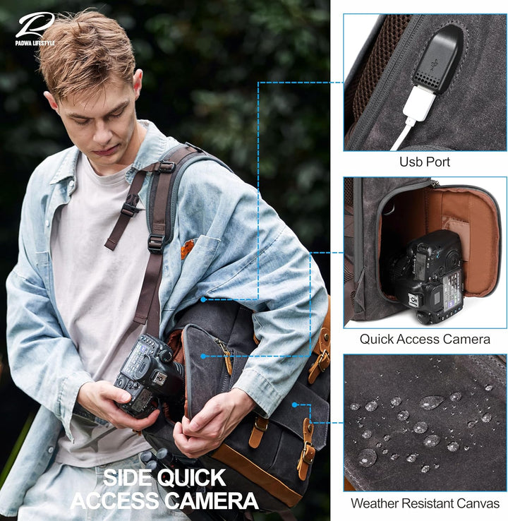 Padwa Lifestyle Schwarzer Grauer Kamerarucksack - Wetterfeste Kameratasche aus Gewachstem Memory Can