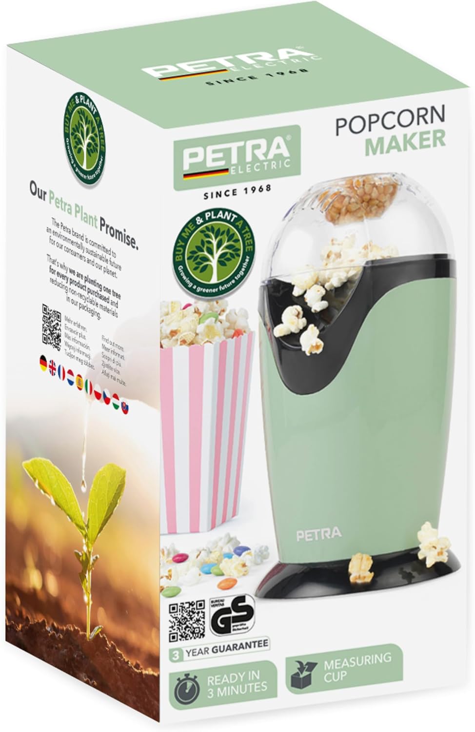 Petra PT0493GRVDEEU7 Elektrische Heissluft Popcornmaschine, 1200W, Retrolook, für süsses und salzige