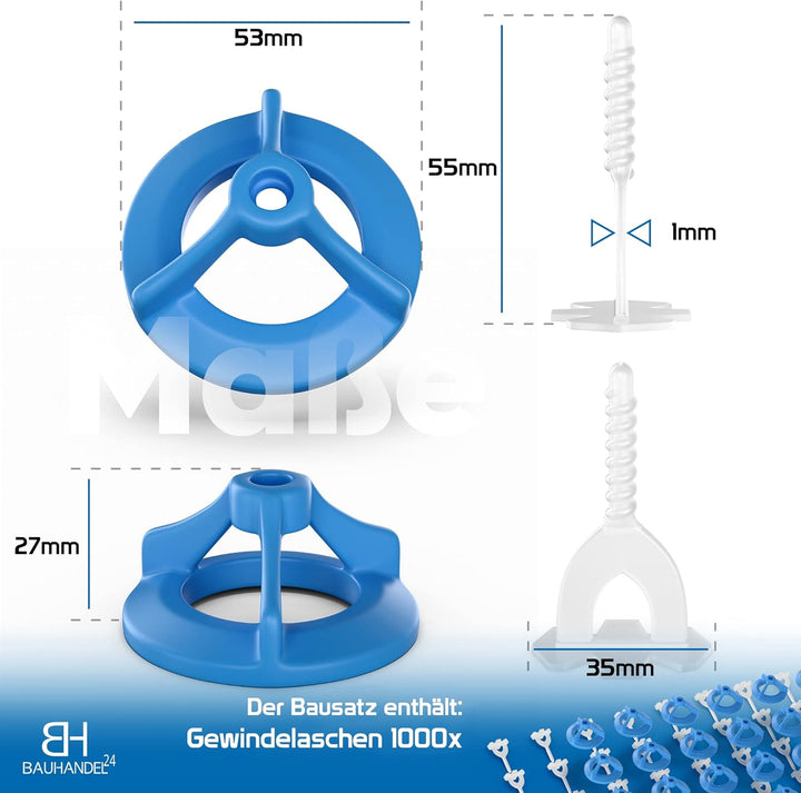 Bauhandel24 - Fliesenverlegehilfe 1mm, 1000 Gewindelaschen, Nivelliersystem, Verlegehilfe, Zuglasche