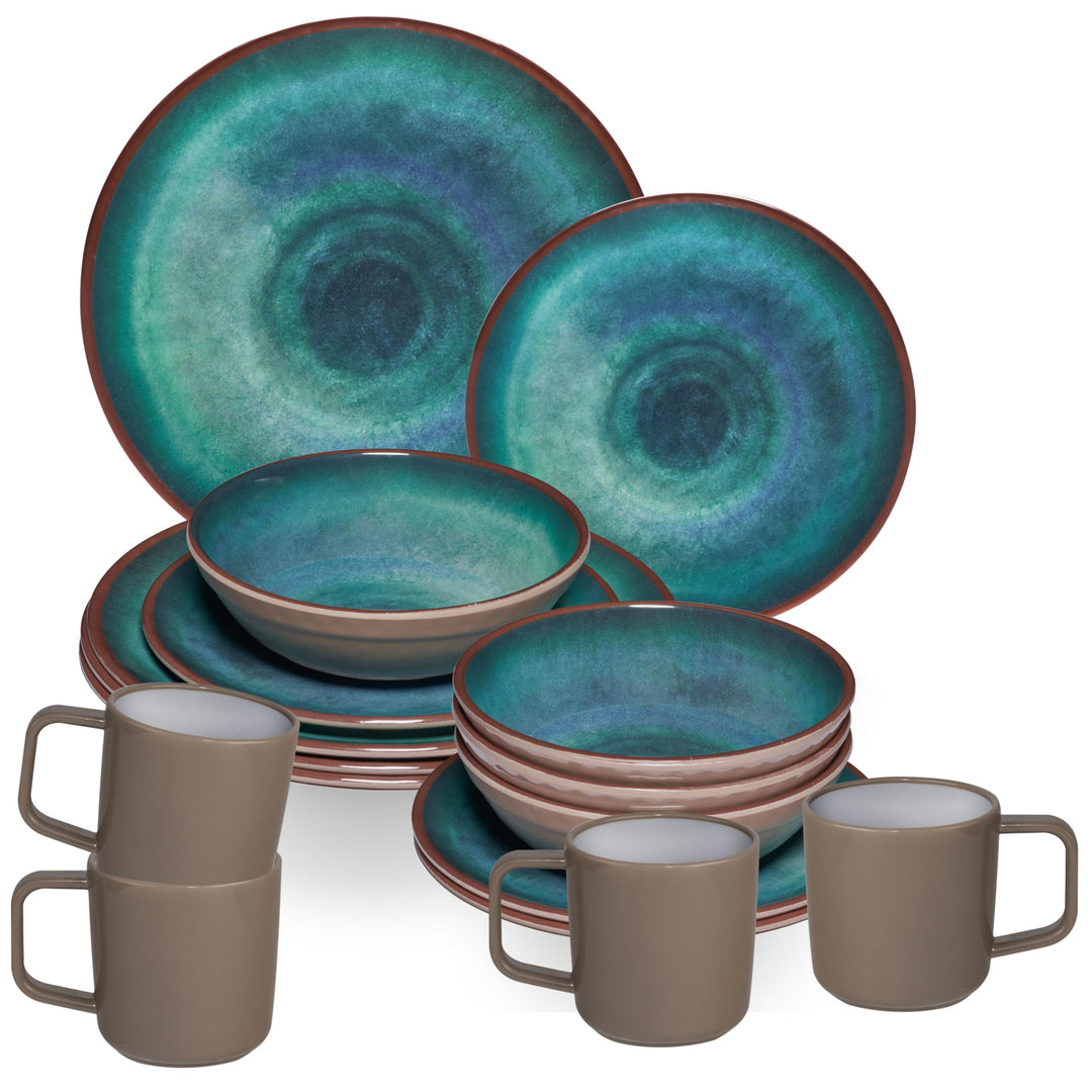 Melamin Camping Geschirrset für 4 Personen - 16 Teile - Campinggeschirr - blau- elegant Essgeschirr
