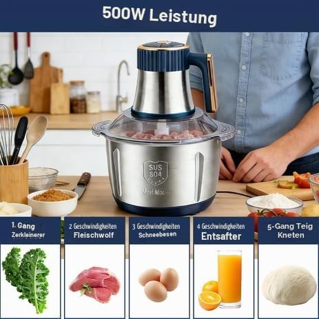 Zerkleinerer Küche Elektrisch 500W, 5L Edelstahl Zerkleinerer mit 5 Geschwindigkeiten Einstellbar fü