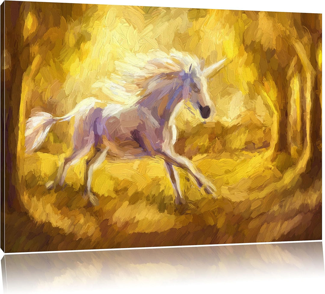 Pixxprint Einhorn im Wald / 100x70cm Leinwandbild bespannt auf Holzrahmen/Wandbild Kunstdruck Dekora