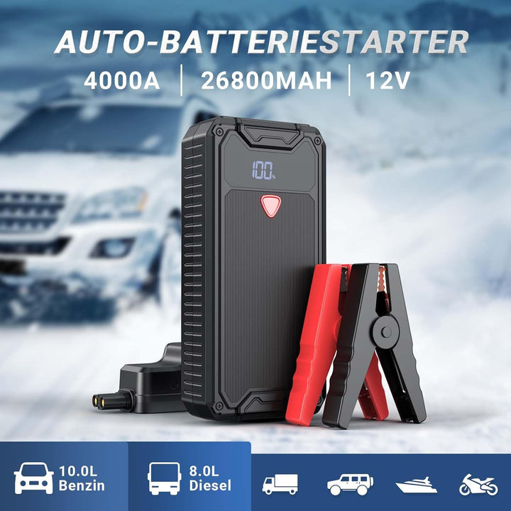 Jump Starter Powerbank 4000A Spitzenstrom 26800mAh Auto Starthilfe mit 10W USB-Schnellladung, Geeign