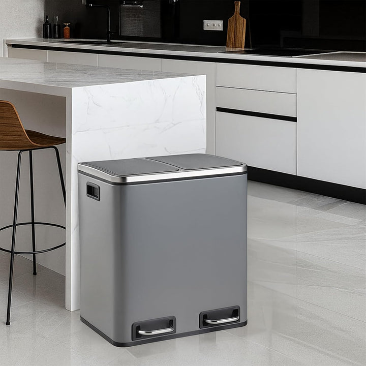 casa pura Mülleimer Küche 2×15L Grau | 2-Fach Mülltrennung, Treteimer Küche, Metall, Soft-Close, luf