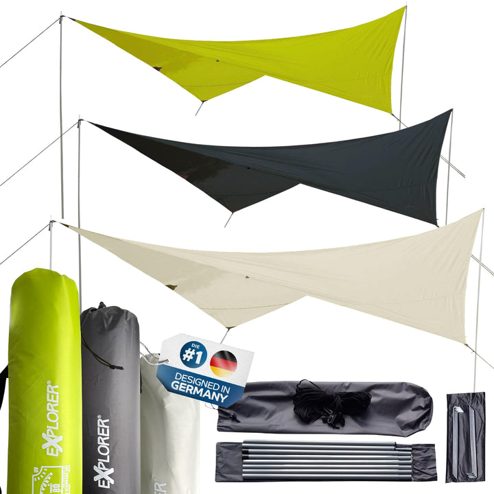 EXPLORER® Sonnensegel 3x4m rechteckig wasserabweisend mit Stangen, Leinen und Heringen Sonnenschutz