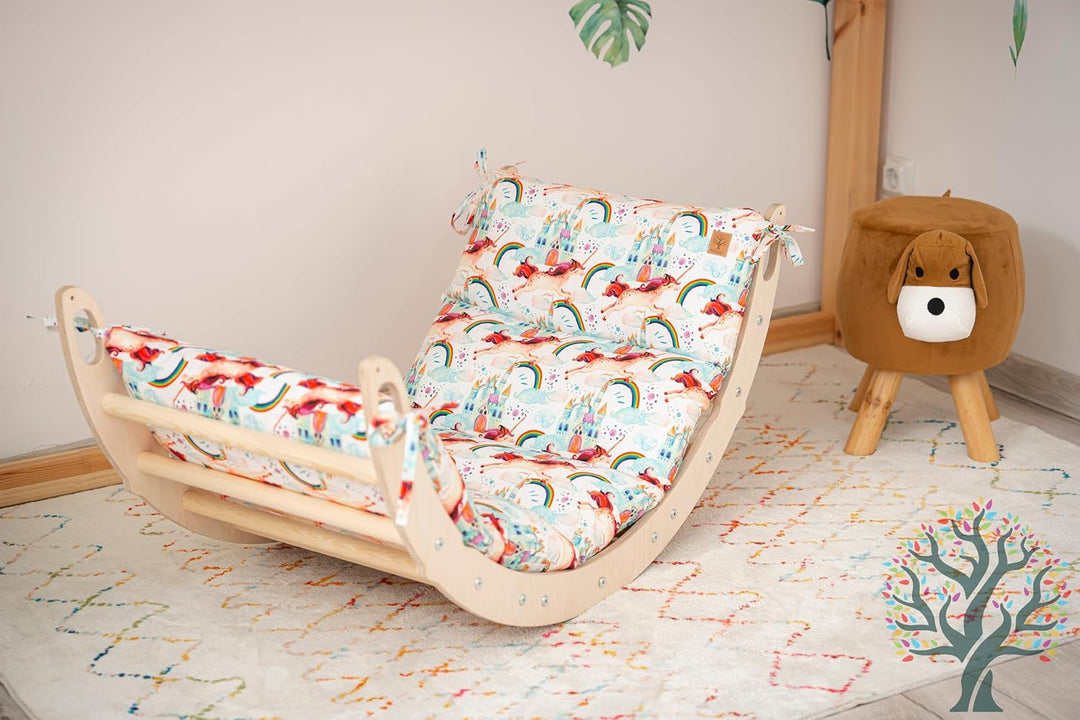 WoodsCraft Kletterbogen mit Kissen - Holz Klettergerüst Indoor - Hypoallergen Kissen für Kletterboge