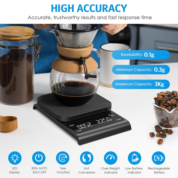 Brifit Kaffeewaage mit Timer, Espresso Waage 3kg/0.1g, Hochpräzise Feinwaage, USB Wiederaufladbare K