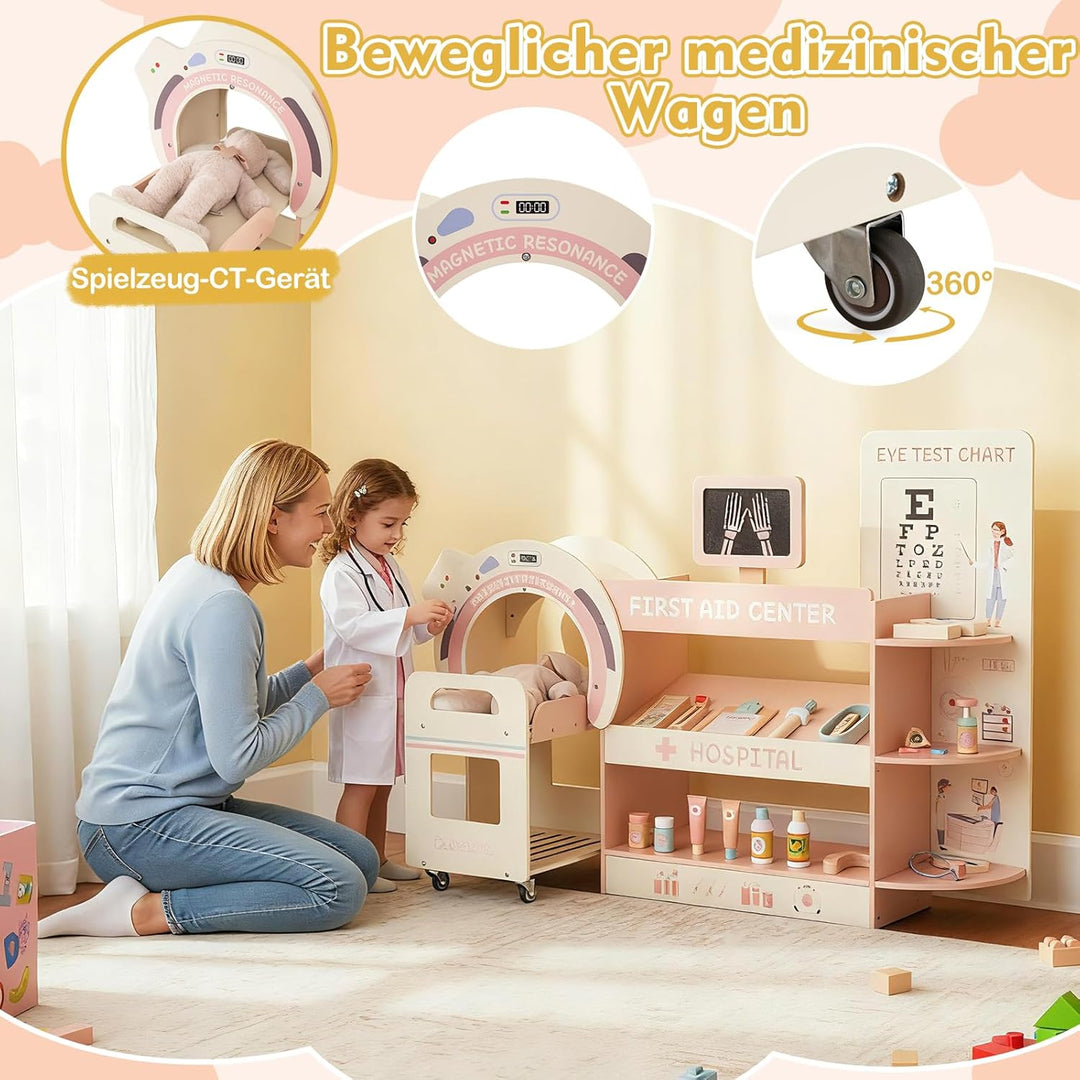 DREAMADE Arztspielset für Kinder, Krankenhaus aus Holz mit Sehtest, CT-Spielgerät & Röntgenapparat,